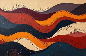 Abstract wavy layers in earth tones create visual depth. Textured paint features dotted patterns, stitched lines suggesting organic forms, movement. Neutral background provides contrast for vibrant