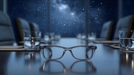 A pair of glasses and glasses of water on a conference table beneath a starry night sky symbolizing contemplation and strategy