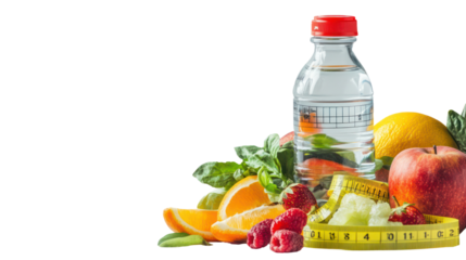 Water bottle fresh fruits and measuring tape minimal stock still life on transparent background