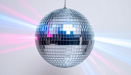 A reflective sphere with numerous tiny mirrors, projecting pink & blue light streaks on white