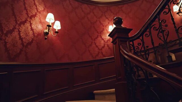 Intricate Dark Wood Staircase in Elegant Setting, Lit by Wall Sconces