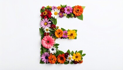 The letter "E" artfully formed with vibrant flowers and leaves, set against white