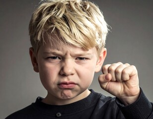 Close-up of angry, young blond boy, making a fist, looking annoyed