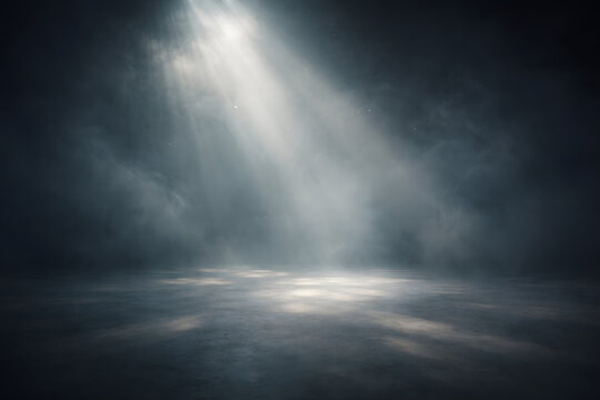 Misty environment with dramatic light and shadows creating a cinematic abstract stage