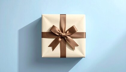 A square gift box wrapped in cream paper with a brown ribbon and bow, set on a blue surface