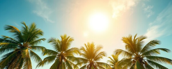 Lush palm trees reach for bright sun under clear blue sky. Gentle clouds drift, suggesting warm weather. This tropical scene evokes pure relaxation and blissful holiday vibes.