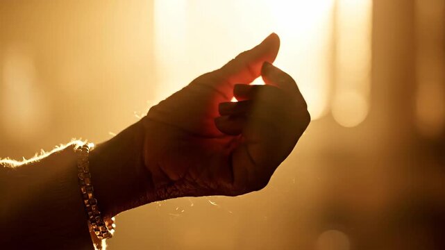 A human hand is outstretched towards the bright light, illuminated by sunlight