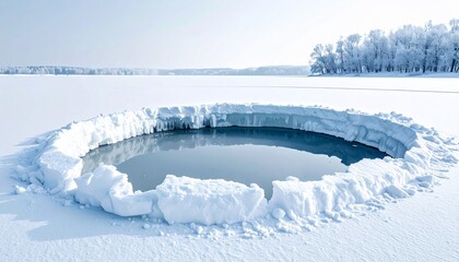 Icy landscape with a perfectly circular hole in frozen lake. Trees and mountains in background