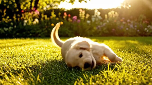 Playful Puppy Chasing Tail in Sun Dappled Garden Low Angle Upscaled