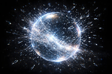 Luminous glass sphere exploding into shards with intense energy burst