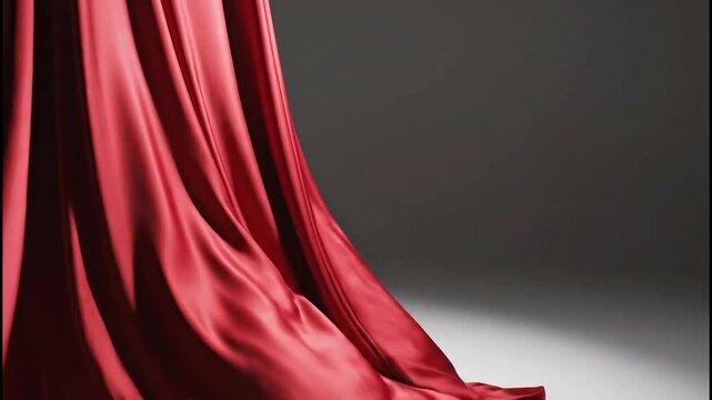 Luxurious red silk fabric draped elegantly, creating a rich and opulent texture with subtle light and shadow play