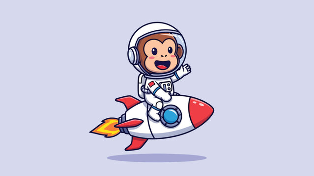 Cute cartoon monkey astronaut riding rocket waving happily.