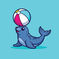 Cartoon Seal Balancing Colorful Beach Ball on Head. © Caroline Studio