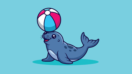 Cute Cartoon Seal Balancing Colorful Beach Ball on Head. © Caroline Studio