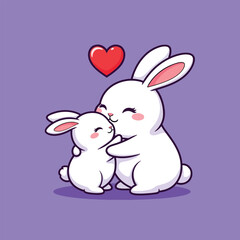 Cute cartoon white mother and baby rabbits hugging with a red heart showing love.