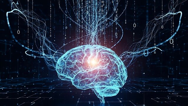 Illuminated digital brain with intricate data streams, symbolizing artificial intelligence, deep learning, cognitive computing, and the advanced technological future of mind and machine integration - Powered by Adobe