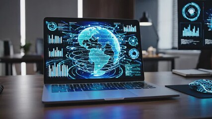 A laptop displays global data visualizations with a modern design in a corporate workspace - Powered by Adobe