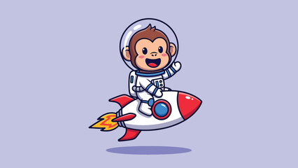 Happy cartoon monkey astronaut in space suit riding a red and white rocket. © Caroline Studio