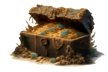 Ancient treasure chest opening, revealing golden contents, old wooden chest covered in moss and seaweed, lost pirate bounty