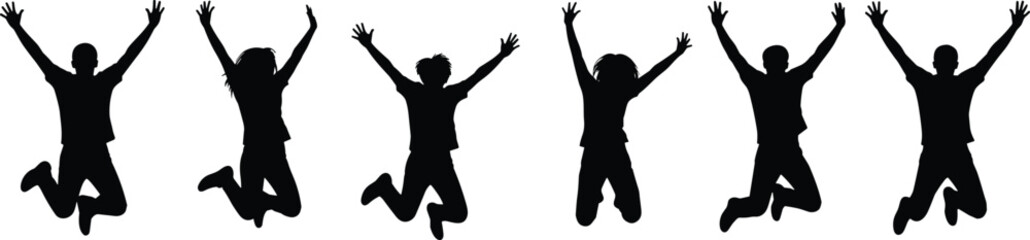 Happy people silhouettes jumping in the air expressing joy, success, and freedom, diverse group of friends celebrating together on white background.