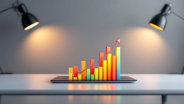 Three dimensional bar chart showing upward growth trend on tablet screen - Powered by Adobe