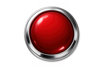 Red glossy circular push button with chrome frame. Emergency or panic stop control, transparent background
