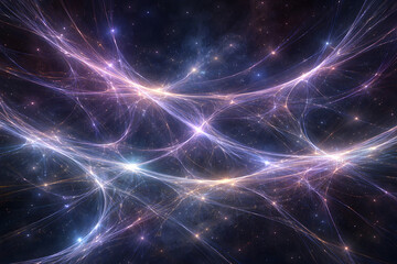 Obraz premium Interstellar light web connecting glowing nodes across deep space cosmic background
