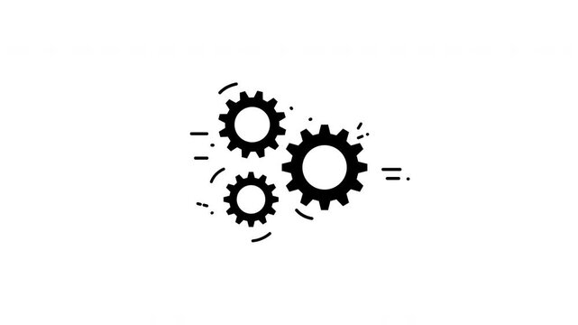 Gear icon animation with spinning black gears and dashed lines suits tech tutorials, mechanical presentations, engineering videos, and manufacturing content.