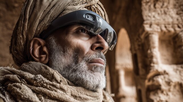 Middle Aged Man in Traditional Garb Wearing Vr Headset in Ancient Ruin - Powered by Adobe