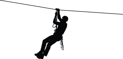 Silhouette of a man sliding on a zipline cable, concept for extreme sports, adventure, outdoor activity, risk, and adrenaline rush © MdMoksad
