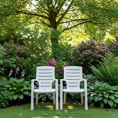 Obraz premium Two white chairs in a lush green garden setting.