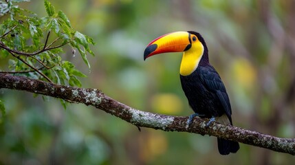 Fototapeta premium A vibrant toucan perched on a branch, showcasing colorful beak and plumage within a lush, blurred forest backdrop
