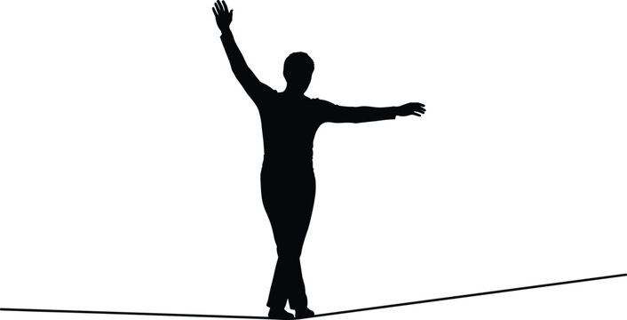 Silhouette of a man walking on a tightrope balancing with arms out, concept of risk, focus, challenge, and business success.