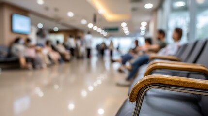 People sit patiently in a modern medical center, surrounded by soft lighting and clean lines, anticipating their turn in a tranquil atmosphere