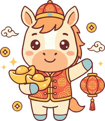 Cute Zodiac Horse Chinese New Year Character Holding Lantern and Gold Ingots