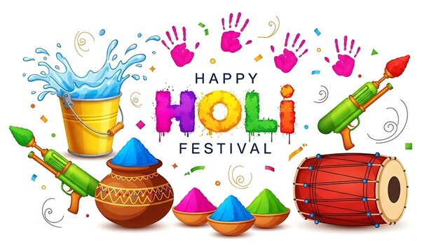 Colorful holi festival celebration with traditional elements like gulal, pichkari, and dhol