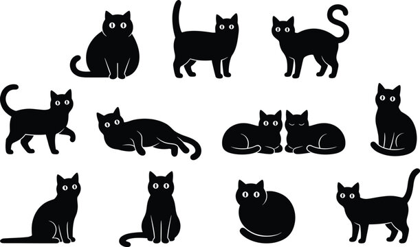 Collection of black cat silhouettes in various poses including sitting, walking, and lying down, isolated icons for halloween and pet designs.