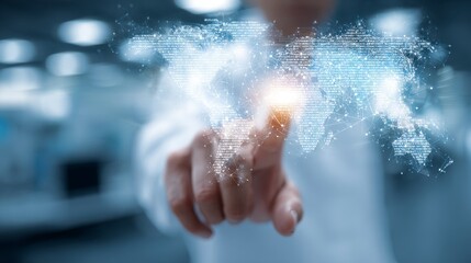 A person's hand reaches out towards a glowing, digital representation of the world, highlighting connectivity