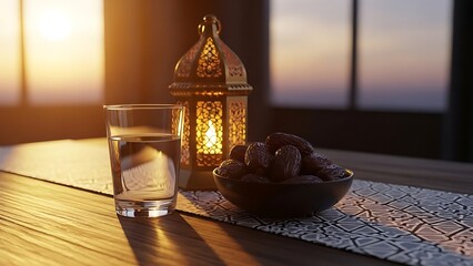 dates and a glass of water on the table before breaking the fast, the light of the setting sun, the atmosphere of the month of Ramadan