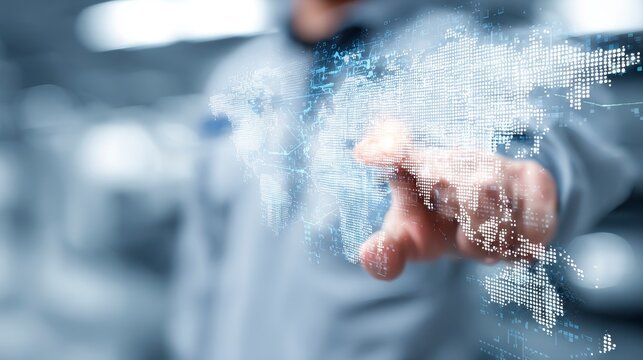 A person's hand reaches out towards a digital projection of the Earth, creating a futuristic visual - Powered by Adobe