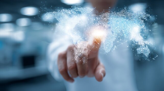 A person's hand reaches out towards a glowing, digital representation of the world, highlighting connectivity - Powered by Adobe