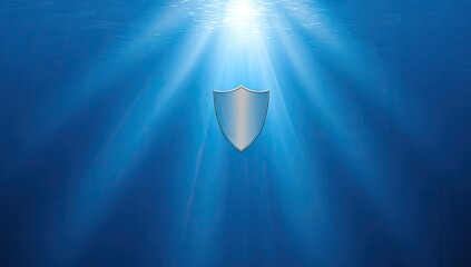 Metallic shield suspended underwater with bright sunlight beams shining down