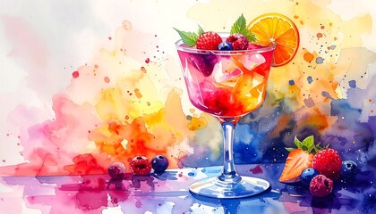 Watercolor depiction of a vibrant cocktail with fruit garnishes and ice cubes, on a colorful, abstract background