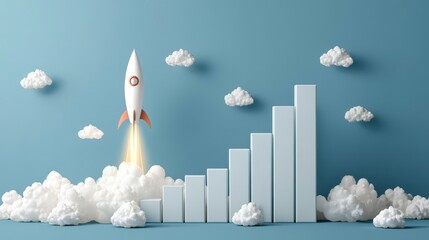 A cartoon-like scene shows a rocket launching next to a growing bar graph, amidst fluffy clouds against a pastel blue background