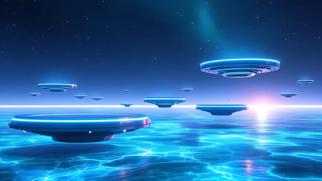 Futuristic ufo fleet hovering above a bioluminescent ocean at sunset - Powered by Adobe