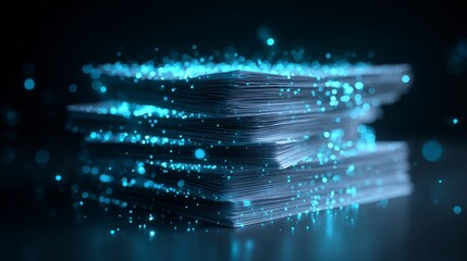 Stacked, rectangular, paper documents illuminated by glowing blue particles, creating an ethereal, abstract composition against a dark backdrop