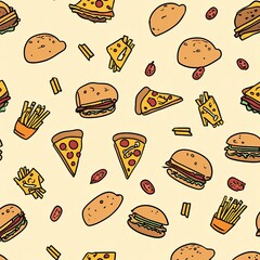 Cartoon food pattern pizza slices, burgers, fries, buns on light yellow backdrop