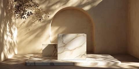 Beige room with marble blocks, archway, and branch casting shadows