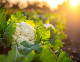 Close-up of cauliflower plants in a field, basking in golden sunlight