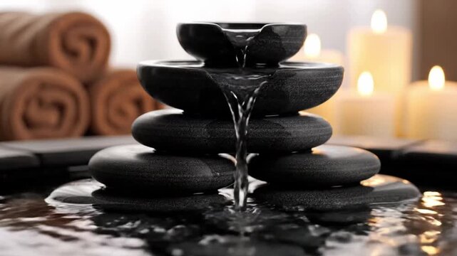 Professional Zen Stone Water Fountain With Steaming Water And Candle Background For Perfect Spa Relaxation Concept And Future Business Success